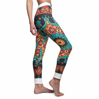 Vibrant Bohemian Print Leggings for Comfort & Style, featuring a side view of the model highlighting the bold patterns and high-waist design of these designer leggings. These sport-luxe leggings are perfect for yoga, casual outings, or dance, offering both functionality and flair. With their seamless fit and squat-proof capabilities, they ensure maximum comfort during any activity.