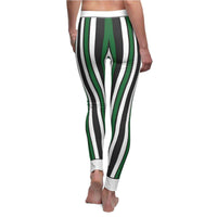 Back view of the Chic Striped Leggings for Women, showcasing a unique design with green and black stripes. These high-waist leggings are not only stylish but also functional, designed for maximum comfort and flexibility. Suitable for casual days or an active lifestyle, they are the ideal sport-luxe leggings. With features like squat-proof, seamless, and 4-way stretch, these compression leggings ensure a perfect fit for gym sessions or day-to-day wear, making them a must-have in athleisure wear.