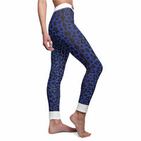 Women's Blue Leopard Print Leggings - Casual Activewear displaying a side view of the model, emphasizing the high-waist and luxurious design of these sport-luxe leggings. Made to be squat-proof, these leggings are ideal for active lifestyles while maintaining chic athleisure vibes.