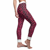 Women's Pink Leopard Print Leggings, Stylish Athleisure Wear, Casual Fitness Pants, Trendy Everyday Leggings, Gift for Active Women - Side view of high-waist pink leopard print leggings, showcasing their statement design. Ideal gym leggings with 4-way stretch, they provide a flattering fit and compression, making them perfect for yoga or casual outings.