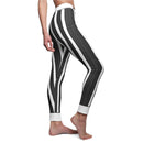 Stylish Women's Cut & Sew Black Striped Leggings, Casual Comfort Pants, Trendy Activewear, Unique Fashion Leggings, Gift for Her. Featuring high-waist design, these statement leggings are perfect for an athleisure look and designed with 4-way stretch for ultimate comfort. Ideal as gym leggings, these seamless leggings are both squat-proof and stylish, making them a must-have for any active lifestyle.