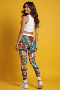 Back view of a model in Bohemian Patterned Casual Leggings, emphasizing the unique design and fit for activewear.
