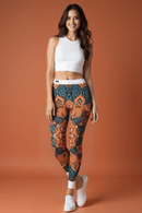 Front view of a model featuring casual leggings with vibrant mandala design, ideal for active living and as a unique gift idea.