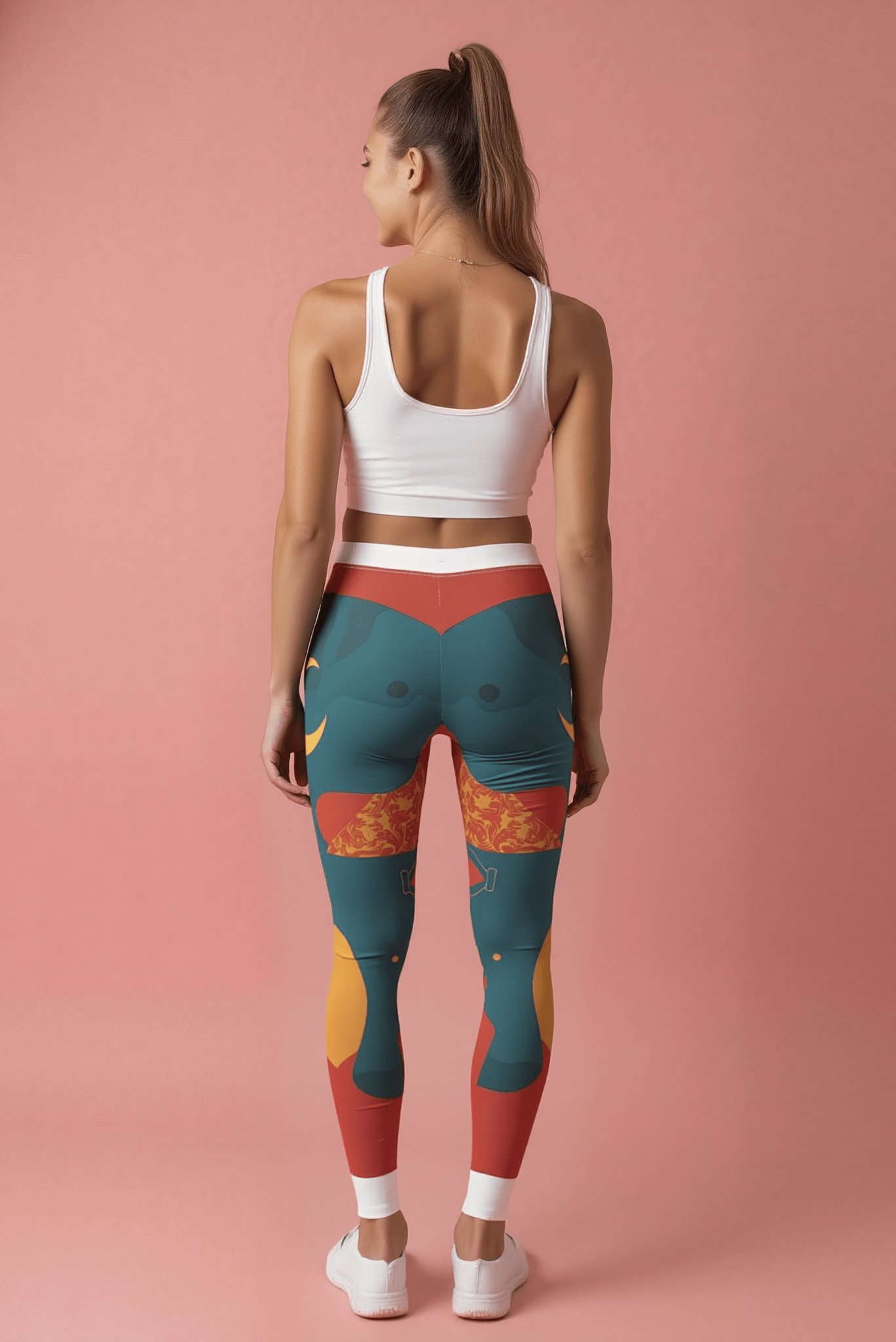 Vibrant Women's Casual Leggings - Bold Art Print, Yoga, Workout, Lounge, Gift for Her - model displaying the back view of leggings with artistic patterns on a pink background.