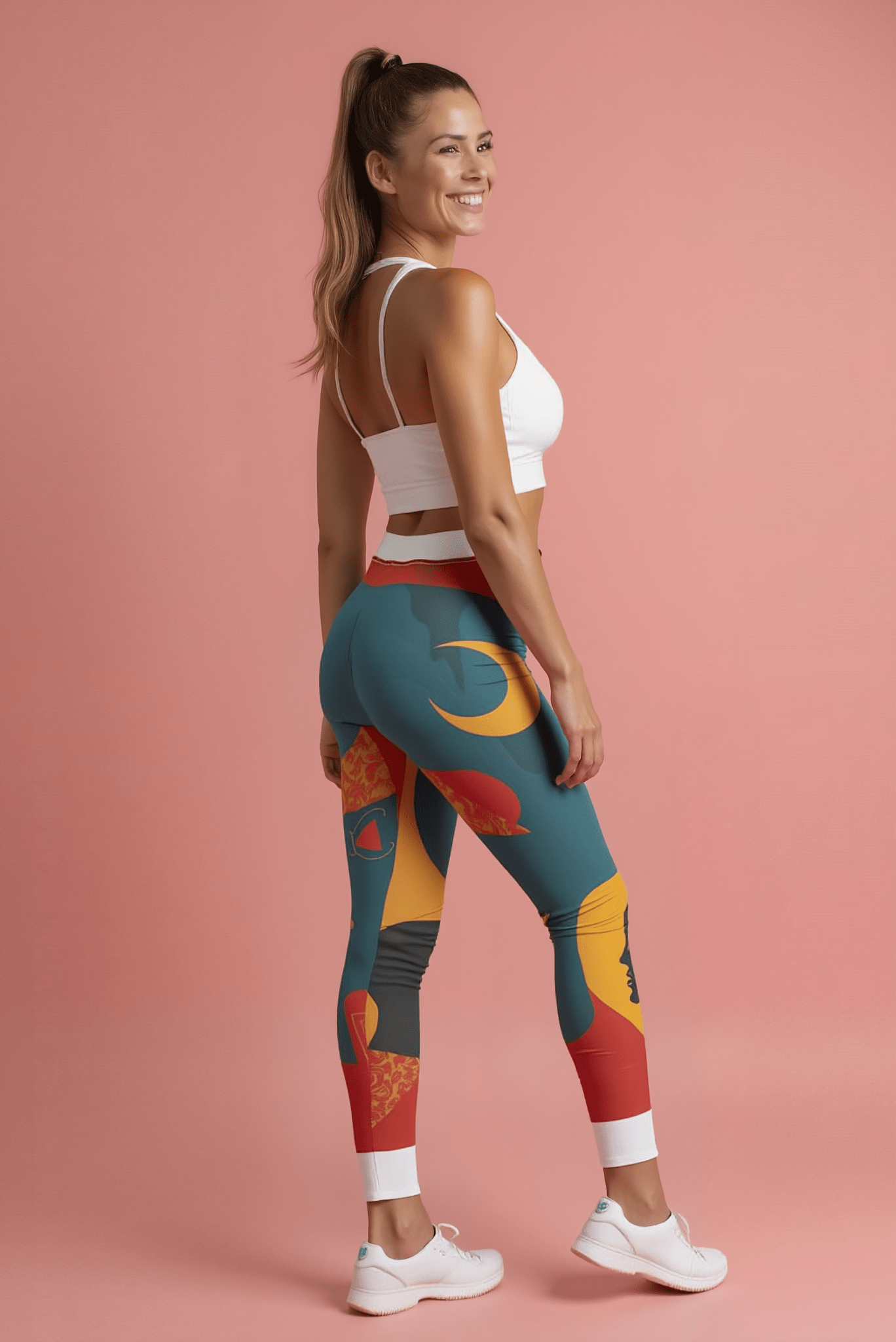 Vibrant Women's Casual Leggings - Bold Art Print, Yoga, Workout, Lounge, Gift for Her - model showcasing leggings with colorful abstract design on a pink background.