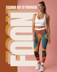 Vibrant Women's Casual Leggings featuring a bold art print, perfect for yoga or workout, stylishly modeled by a smiling woman on a pink background.